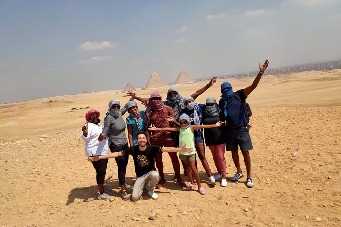 Private guide's trip to Giza pyramids, Great sphinx valley temple - The panoramic view of all three pyramids